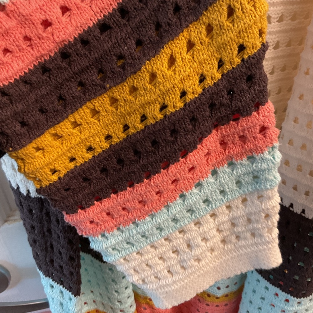 Polagram Open-Knit Long Cardigan with Multicolor Stripes small euc boho festival - Picture 7 of 7